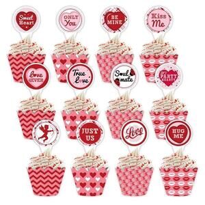 Valentine's Day Cupcake Toppers and Cake Wrapper 48 PCS Red White Pink